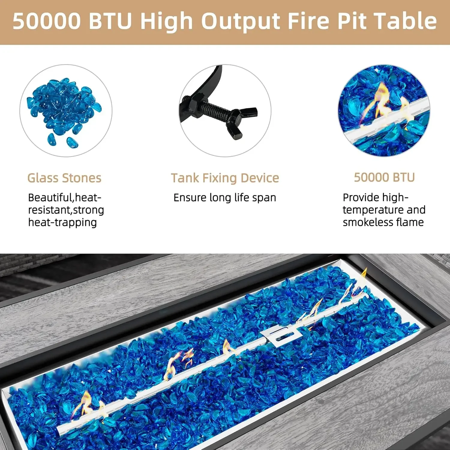 Outdoor Propane Fire Pit Table 45 Inch with Lid, 50,000 BTU Gas Fire Pits for Outside Patio with Glass Wind Guard,Clear Blue Gla