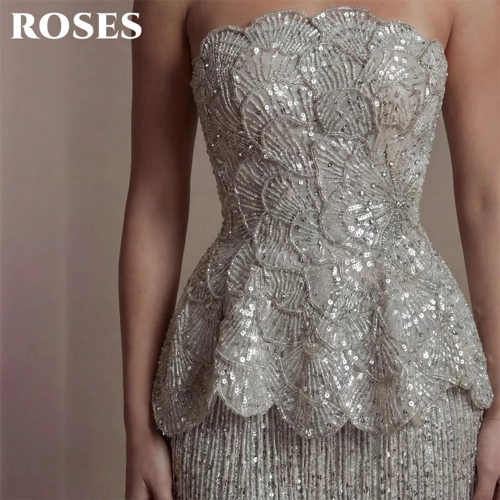 ROSES Sliver Prom Dress Strapless Sleeveless Celebrity Dress with Layered Tassel Women's Evening Dresses Formal Gown Customized image 3