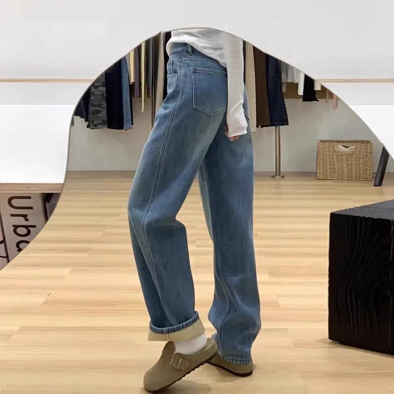 

Широкие джинсы с подкладкой Fce, женские зимние винтажные джинсы с высокой талией, свободный прямой крой для груши, теплая длина в пол