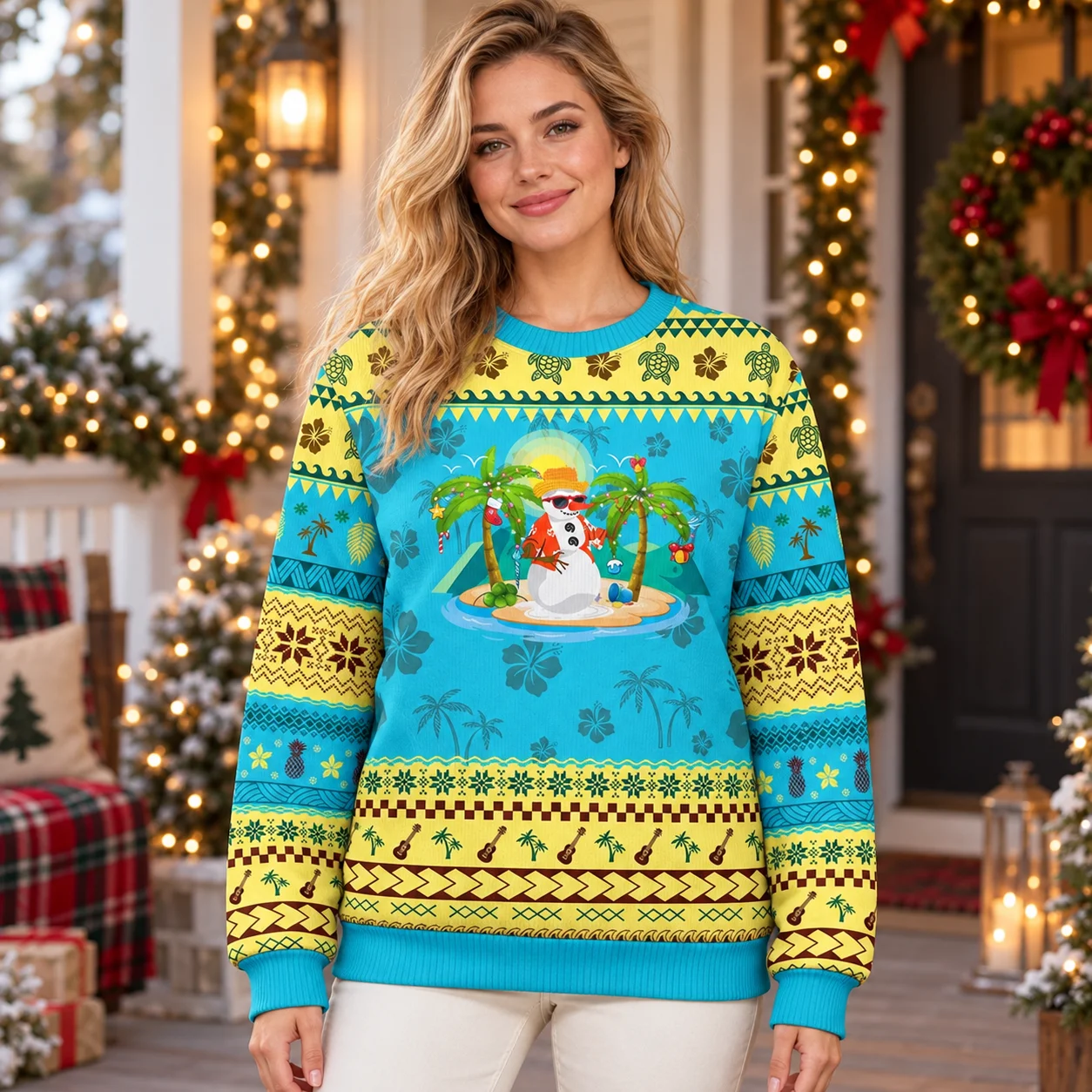 Beach Inspired Holiday Sweaters with Tropical Festive Graphics An Ugly Christmas Sweater for Seasonal Parties and Travel