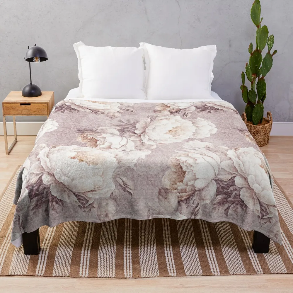 Large pale pink peonies. Neutral floral classic bedroom. Boho flowers. Throw Blanket For Sofa Thin Thin Sofa Blankets