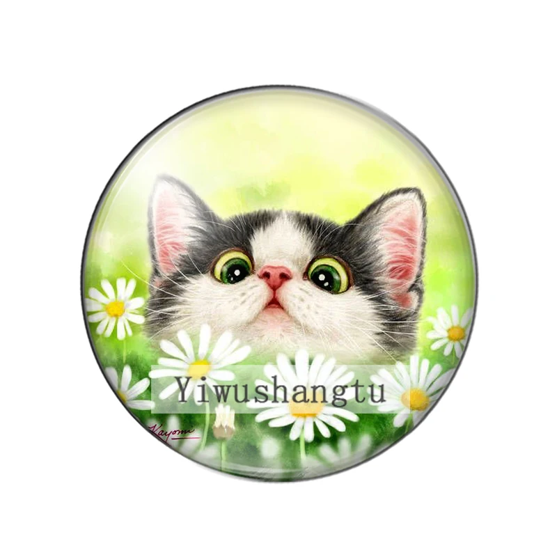 Lovely cartoon funny cat face art paintings 12mm/18mm/20mm/25mm Round photo glass cabochon demo flat back Making findings
