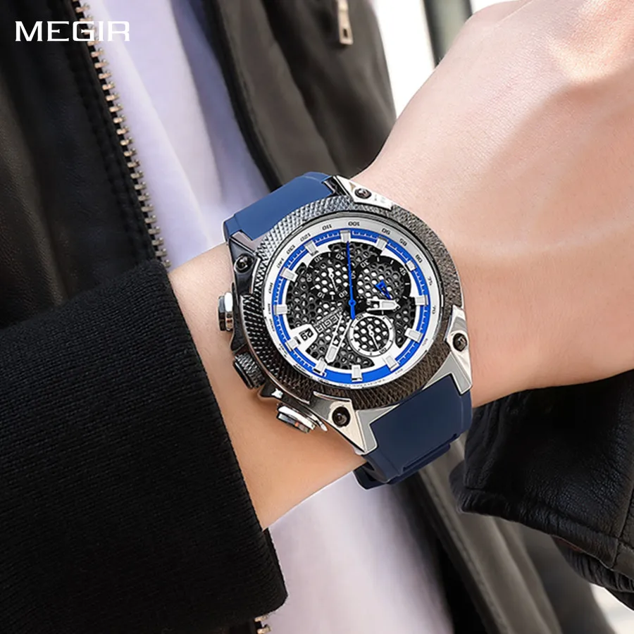 

MEGIR Men Sport Watch Relogio Masculino Blue Silicone Strap Mens Watches Top Brand Luxury Luminous Waterproof Quartz Watch Man