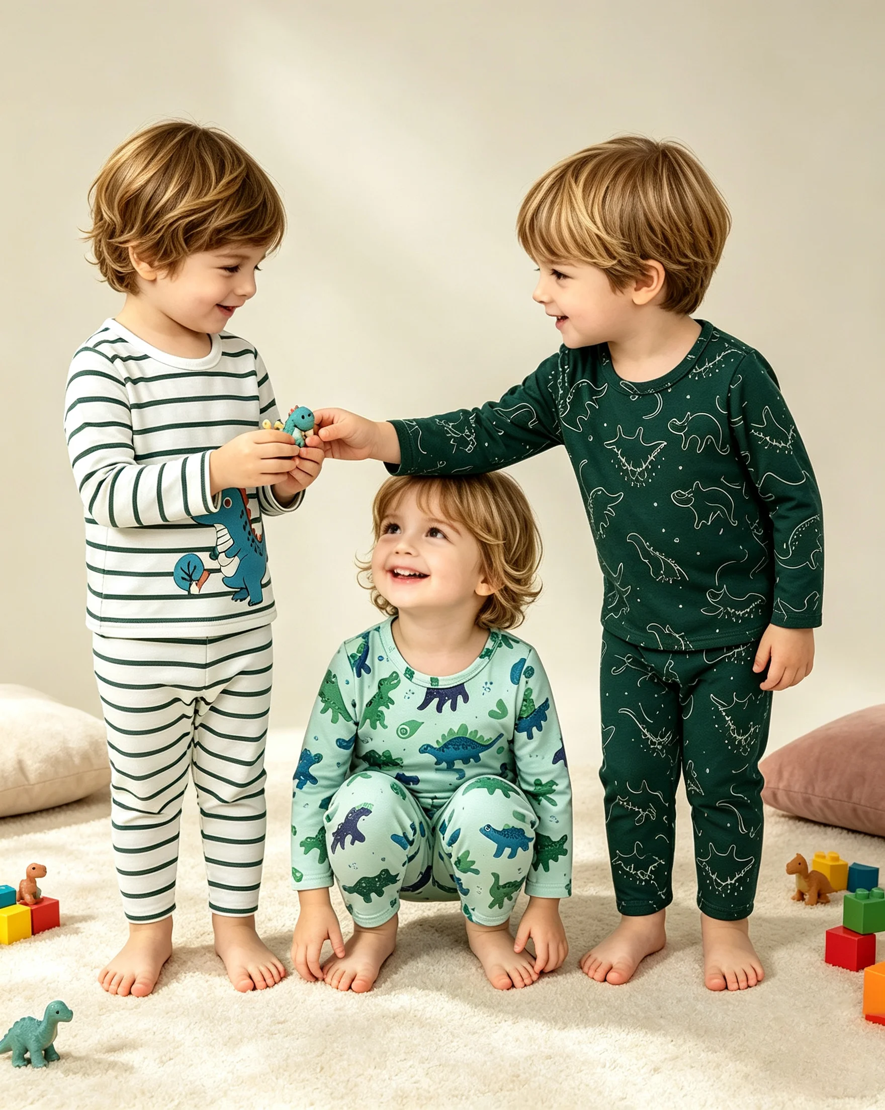 6-teiliges Frühlings-Herbst-Pyjama-Set für Jungen mit Dinosaurier-Motiv, 3 Stile, Cartoon-Dinosaurier-Druck, Langarm-Oberteile und Hosen, Kinder-Loungewear, Schlafanzug – Detail 1