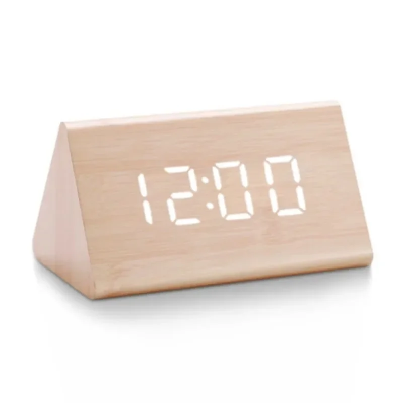 Triangular Wood LED Alarm Clock Wake-up Light Sound-controlled Luminous Digital Cube Dual Power Supply Desk Decor Clocks Home