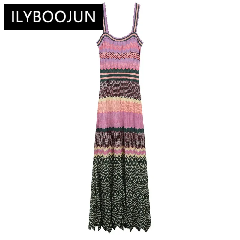 

Designed Wavy Pattern Lady Summer Cloth Colorblock Knits Pleated Slip Long Dress For Women