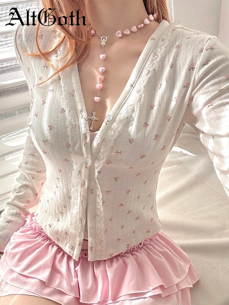 

AltGoth Sweet Fairycore Knitted T-shirt Women Pastel Goth Soft Grunge Y2k Floral Printed Lace Patchwork Long Sleeve Crop Tee Top