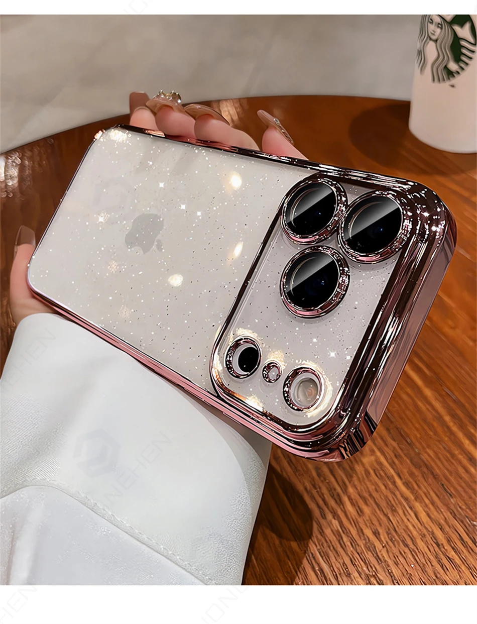Luxuriöse Transparente Glitzer-Schutzhülle für iPhone 12 13 14 15 16 17 18 Pro Max mit Orangefarbener Beschichtung, Stoßfänger und Hartglas-Objektivabdeckung – Detail 17