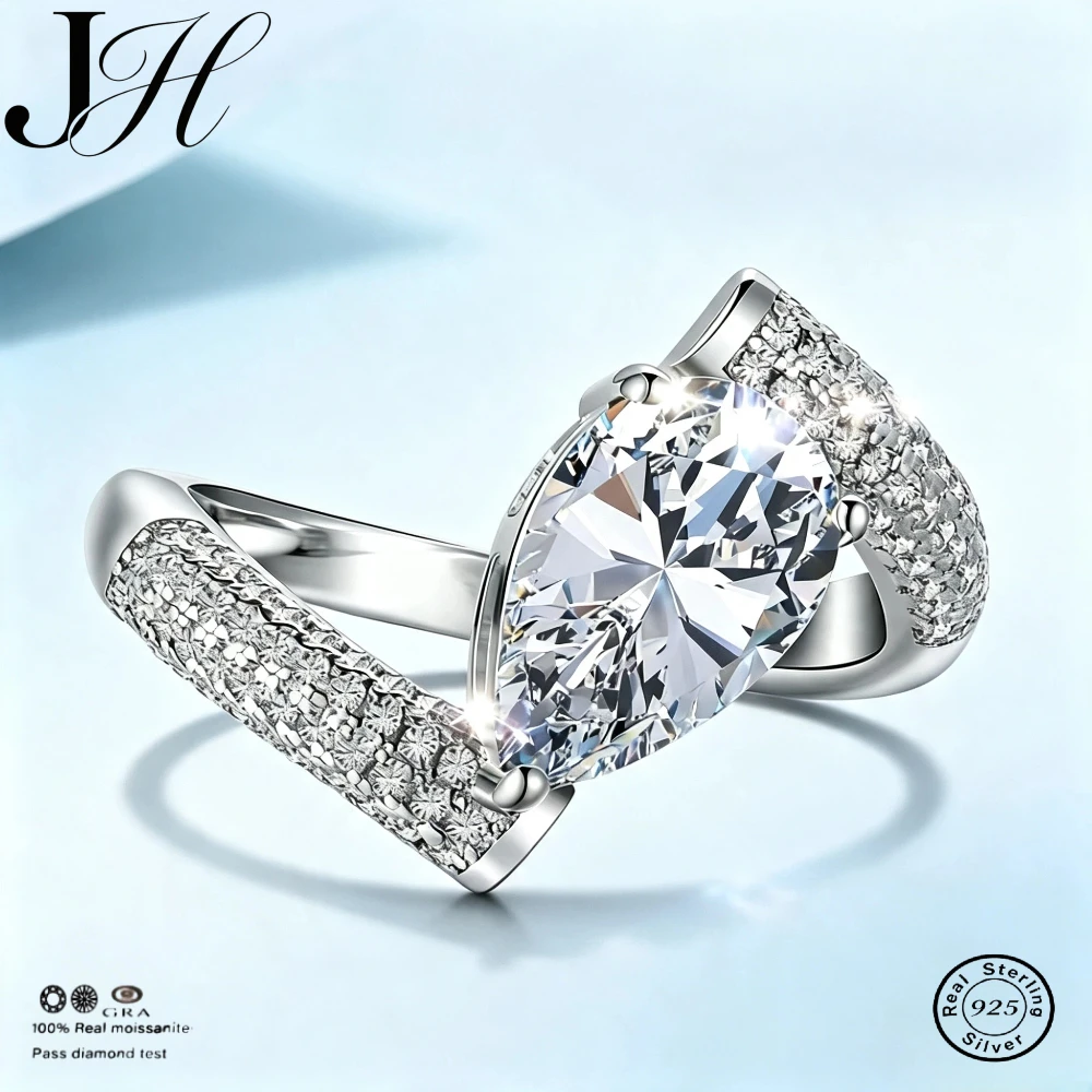 JH 3 Carat Moissanite Wedding Ring For Women Men 925 Sterling Silver Drop Ring Lab Gemstone Fine Jewelry Gift D VVS1