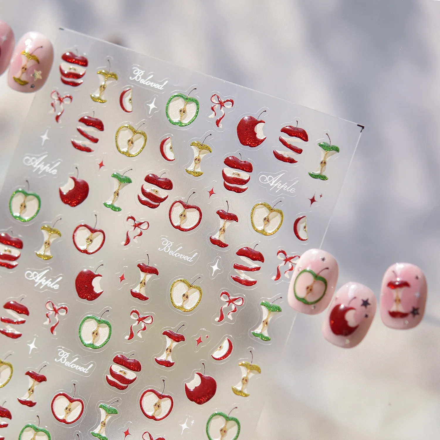5D Jelly Red Apple Nagelaufkleber, Apfelkern-Scheiben, saftige Frucht, selbstklebende Nagelkunst-Sticker, Sommerfrische Maniküre-Deko