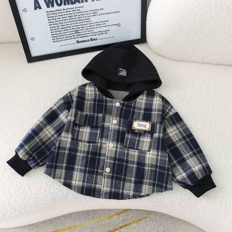 Autumn Winter Baby Boy Thick Woolen Clothes Fashion Kids Black Blue Plaid Hoodies Jacket Top Girl Single Breasted Shirts