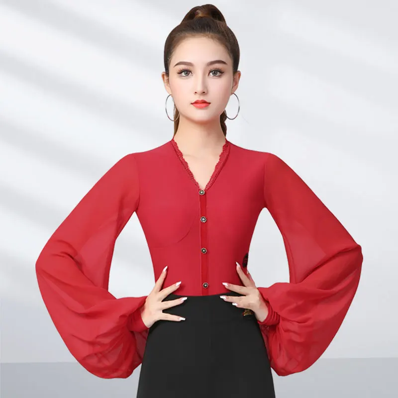 

Square Dance Jacket Female V Neck Lantern Sleeve Conjoined Gb Dress Senior Waltz Moden Dance Dress