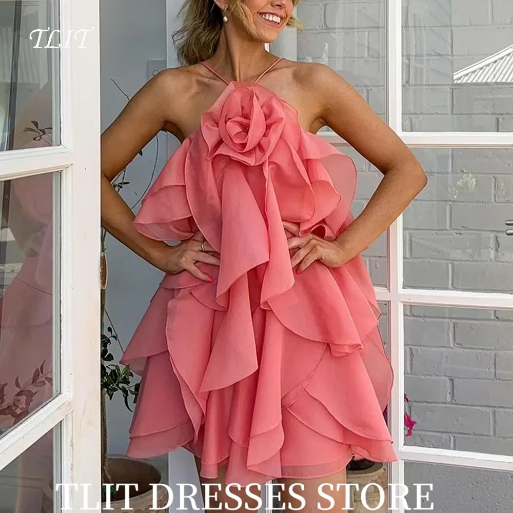 

TLIT Элегантные шифоновые многоярусные короткие вечерние платья с лямкой на шее без рукавов, платья для выпускного вечера с цветами, Vestidos de fiesta по индивидуальному заказу
