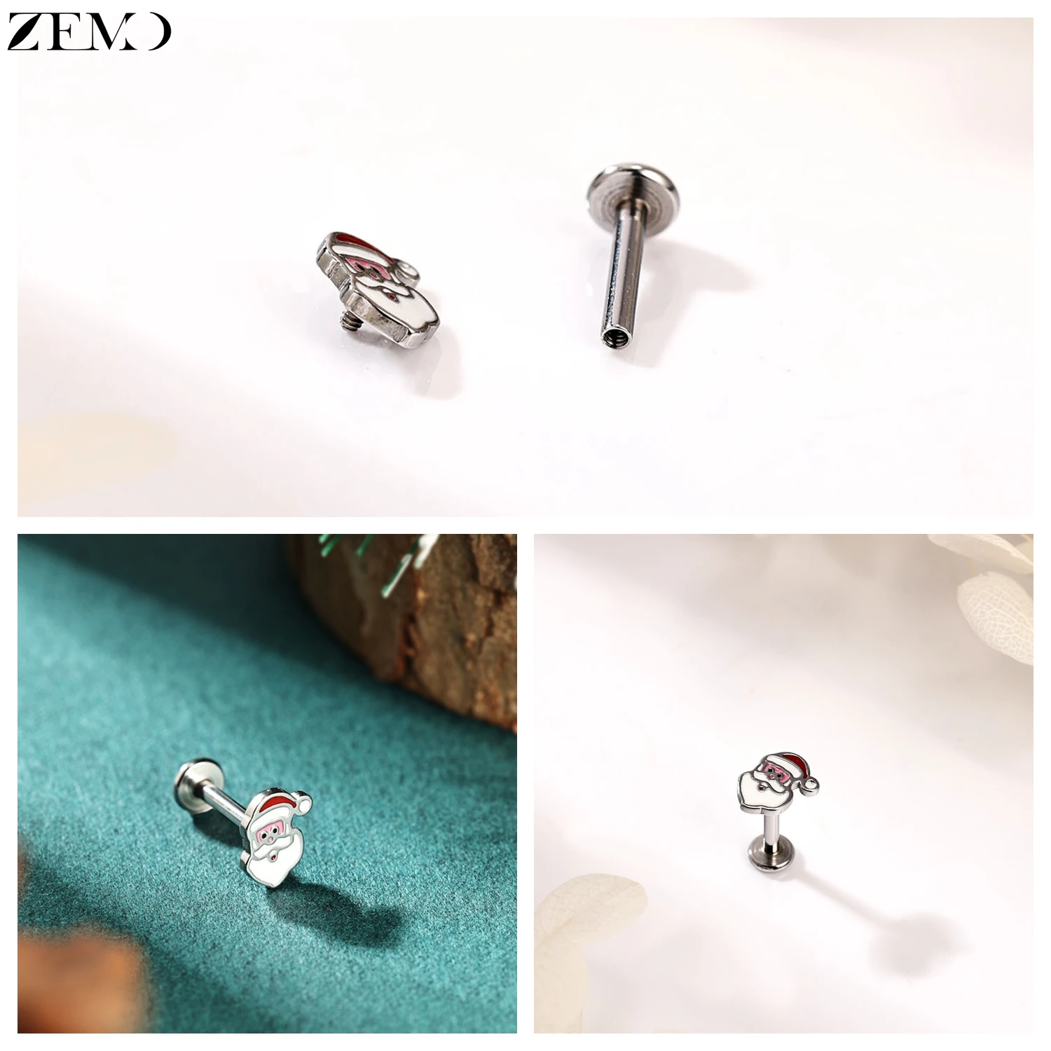 ZEMO 1 Piece Christmas 16G Stainless Steel Labret Lip Piercing Candy Cane Santa Claus Ear Stud Cartilage Conch Piercings 6MM/8MM