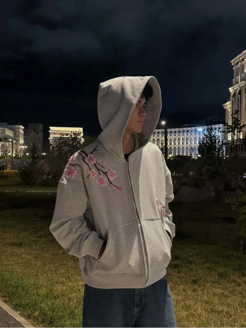 Women Loose Full‑Zip Hooded Sweatshirt, Cherry Blossom Floral Print Grey Long Sleeve Casual Outerwear 2026