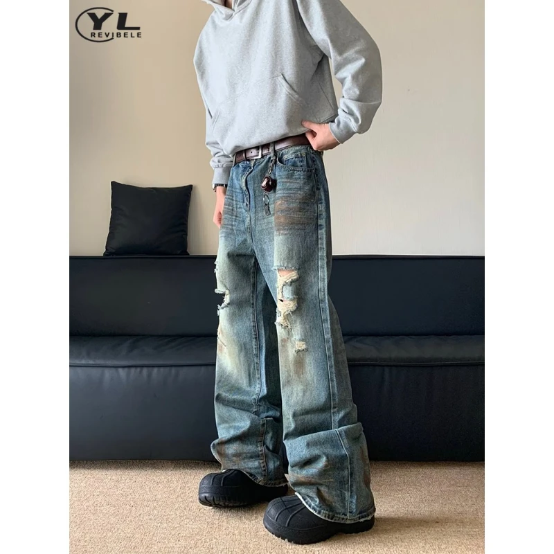 

American Hole Design Jeans Men High Street Retro Summer Washed Straight Baggy Denim Pants Fashion Casual Wide Leg Trousers 2024