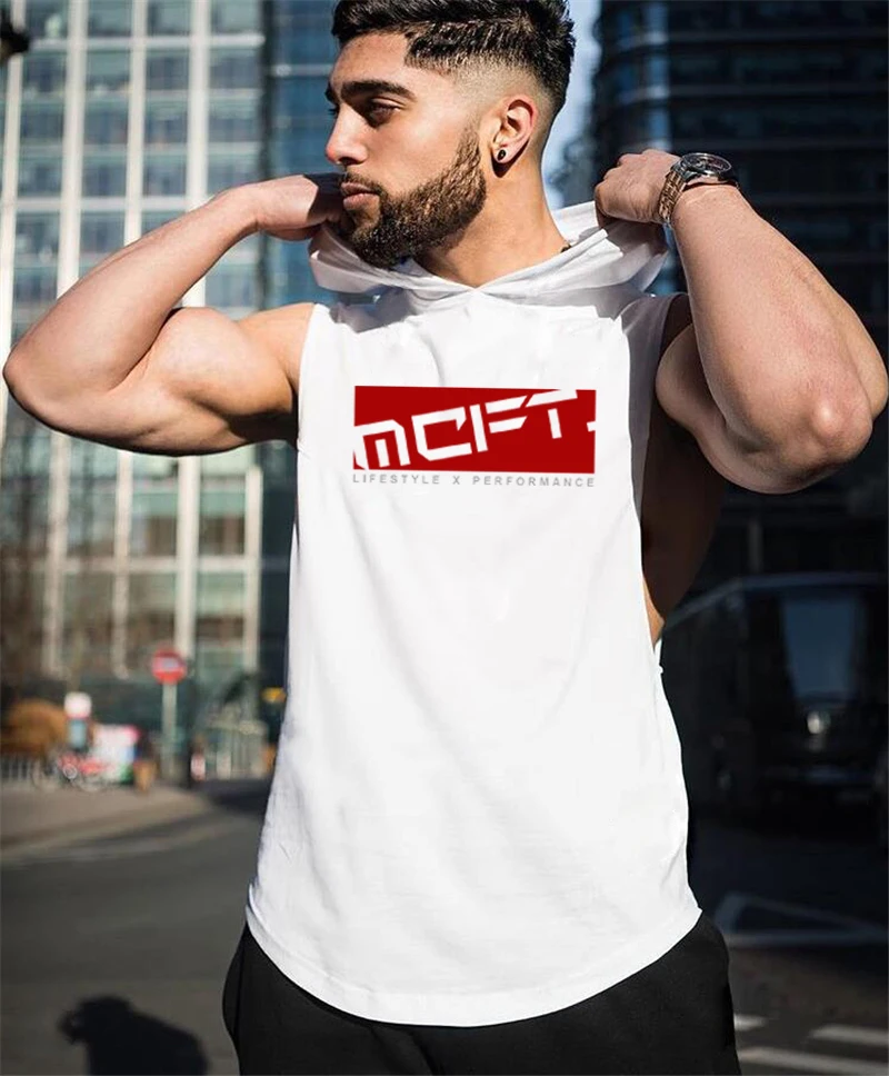 Mens Gym Bodybuilding Sleeveless Hoodie Cotton Curved Hem Tank Top Muscle Workout Hooded Running Vest Training Shirt
