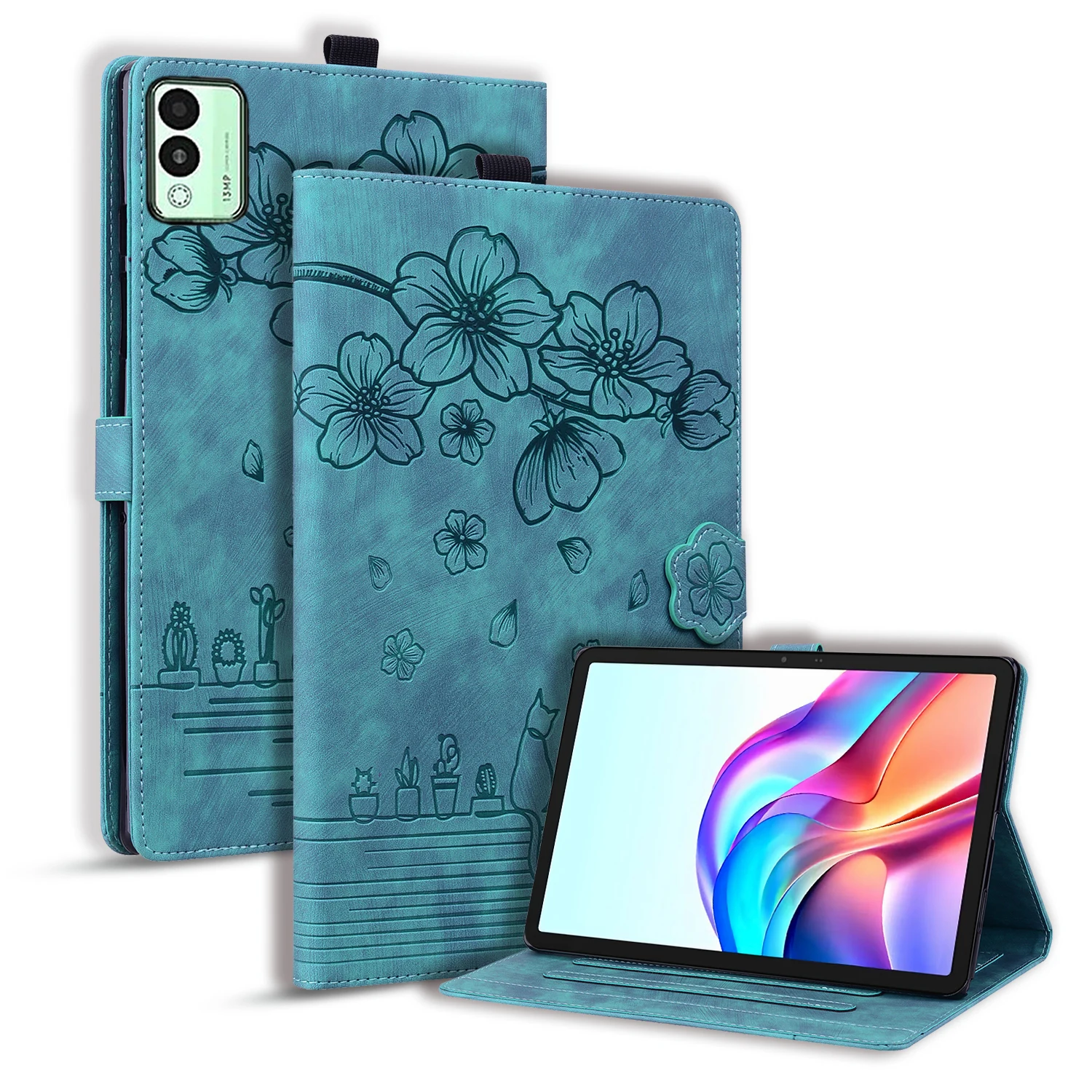 For TECNO Megapad 11 Case Card Slots Leather Tablet Stand Folio Cover Flower Cat - Green