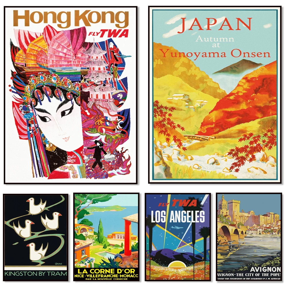 Travel scenery posters of Japan, Red Leaf Hot Springs, Los Angeles, Avignon, Morocco, Hawaiian vacation, Arizona Buffalo Dancer