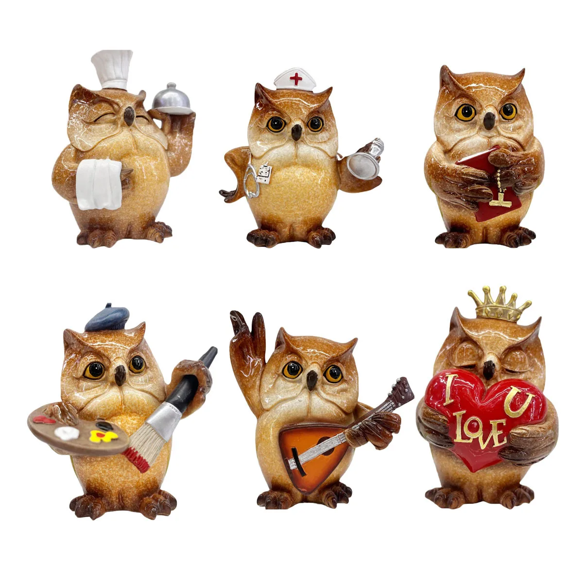 Creative Cartoon Owl Doll Statue Resin Owl Chef Doctor Painter Firefighter Teacher Cute Sculpture Home Decoration Desk Ornament
