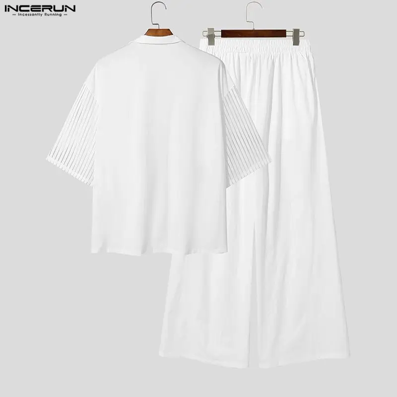 INCERUN Men's Sets Striped Mesh See Through Lapel Short Sleeve Shirt Pants Two Piece Sets Streetwear Fashion Men Matching Sets - view 4