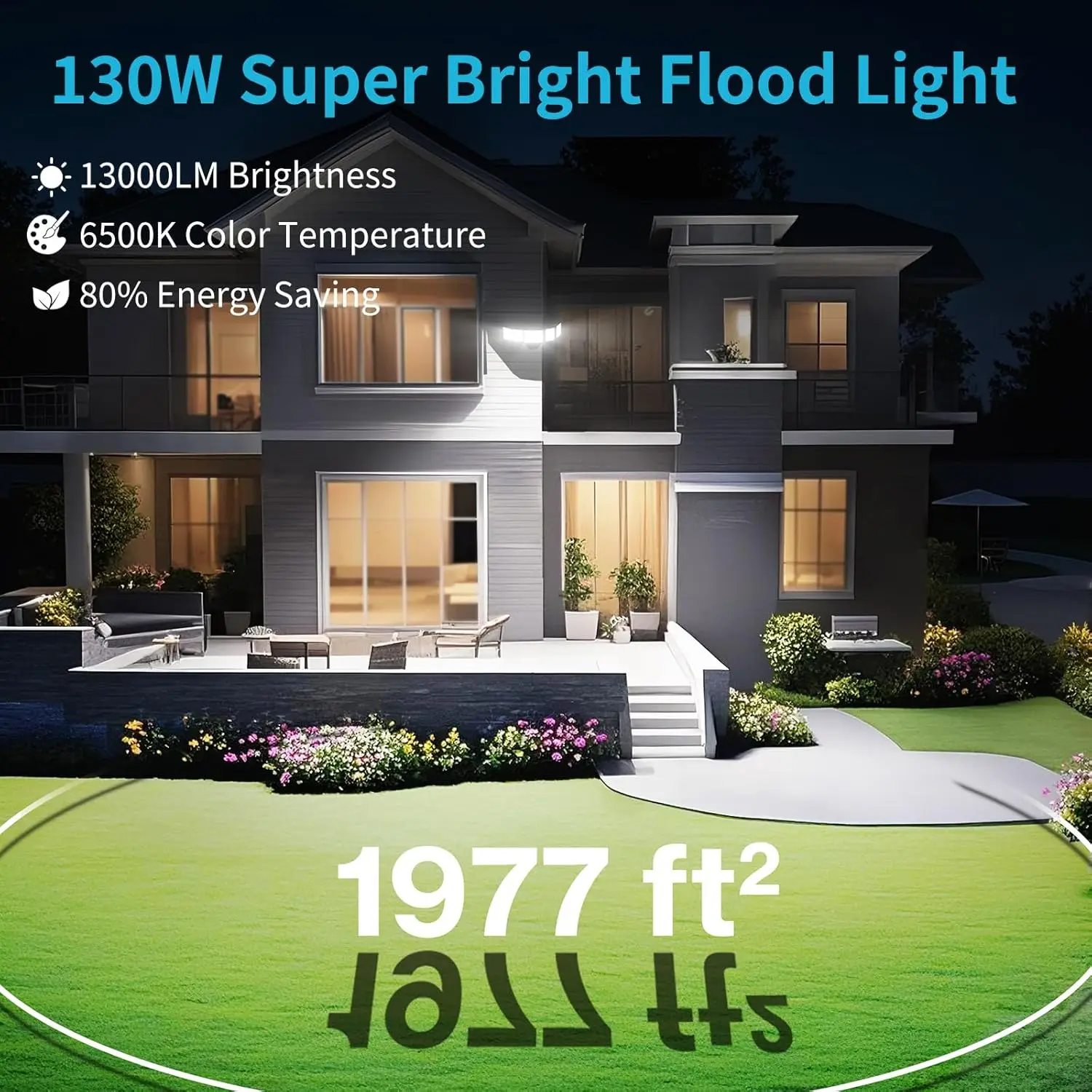 130W LED投光器、5つの調整可能なヘッド、13000LMの明るさ、IP65防水、屋外セキュリティ照明用