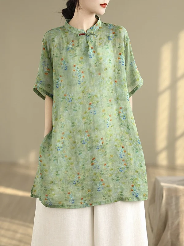 

Женский костюм из льняного льна с принтом в стиле ретро, средней длины, воротник-стойка, чайный костюм, топ, лето 202, свободный крой для поездок на работу