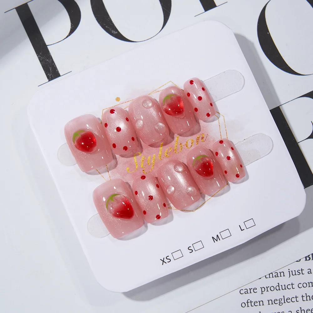 10개 수제 프렌치 캣아이 딸기 물방울 무늬 풀커버 네일 팁 여성용 & 소녀용 탈부착 가능 웨어러블 네일