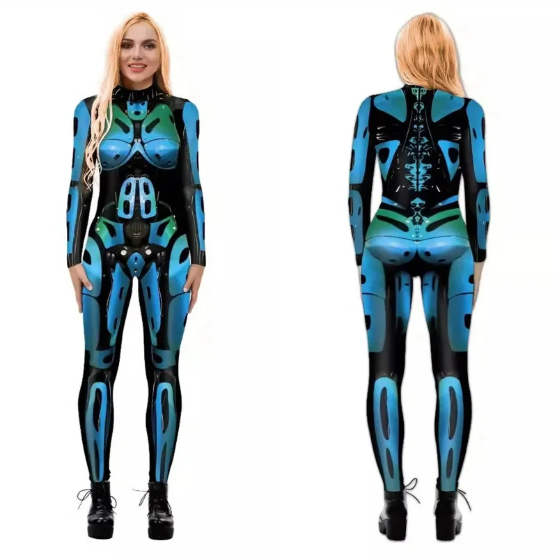 Skelet 3d Digitaal Gedrukt Jumpsuit Halloween Gothic Y 2K Mannen Blauw Skelet Grappig Interessant Mid Taille Broek Jumpsuit Nieuw