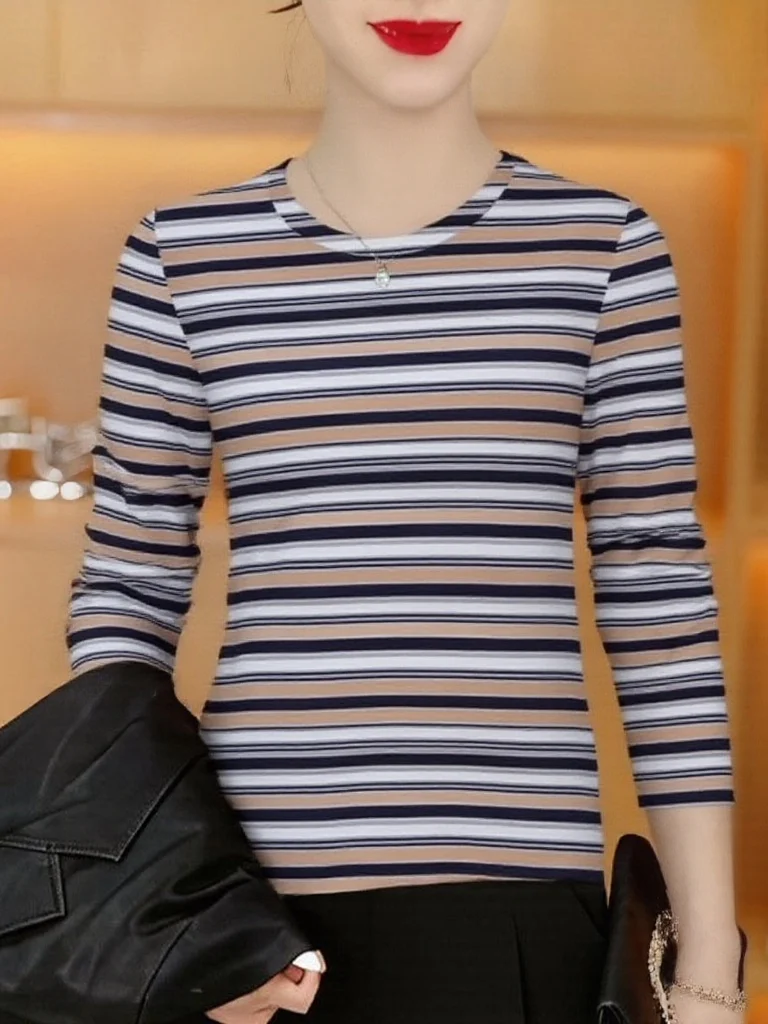 

Retro Striped Long Sleeve Base Shirt Women's Mid-Aged Mom Fashion Versatile Age-Defying Top Breathable Polyester Fiber