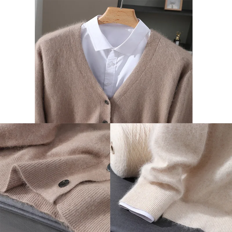 Knitted Cardigan Men's Autumn and Winter New 100% Mink Wool Sweater men's V-neck Business Casual Solid color knitted Basic Shirt