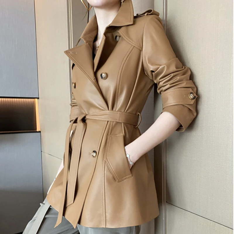 Sheepskin Coat Women's Winter New Fashion Lapel Double-Breasted Belt Waist Closing Medium to Long Genuine Leather Jacket Trench