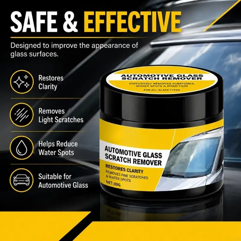 Small Automotive Glass Care Jar with Sponge Applicator, Windshield Scratch Remover Paste for Car Window Maintenance and Driver