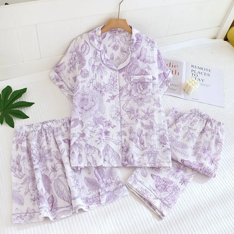 

Новинка 2023 года, летний женский пижамный комплект из 100% хлопка, креп с короткими рукавами + шорты + брюки, пижама из 3 предметов, женский кардиган, домашняя одежда