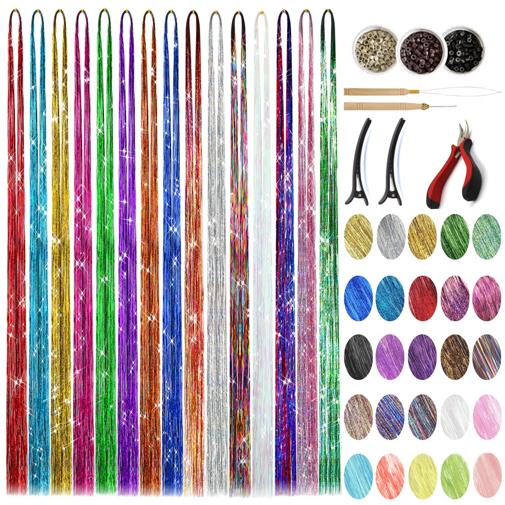 Hair Tinsel Kit (36 Inch, 12Colors/12Colors With Tools) Sparkle Hair Tinsel With Tools Multi-color Colors 36 Inch Glitter Fairy