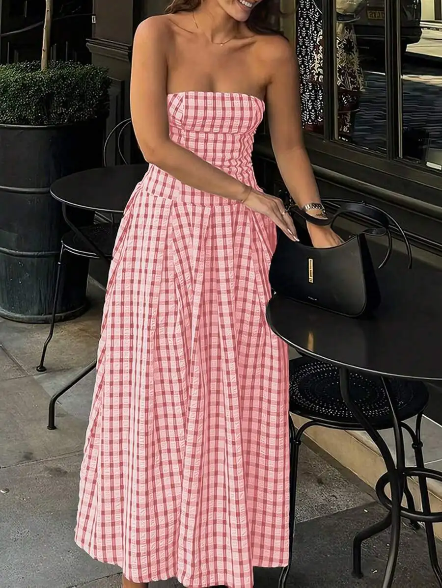

Pink And White Gingham Strapless Pleated Maxi Dress For Women Summer Casual Sleeveless Fashion Outfit