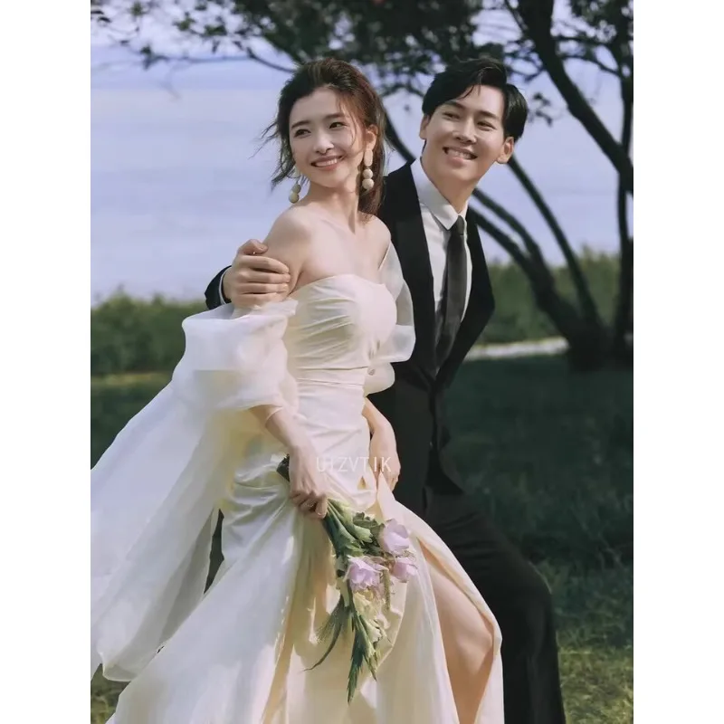 Корейские простые свадебные платья без бретелек с открытыми плечами, платья для фотосессии, свадебные платья, длинное вечернее платье цвета слоновой кости по индивидуальному заказу 2025