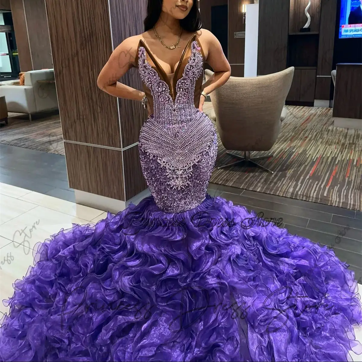 

Sparkly Prom Party Dresses Ruffles Beading Diamonds Crystal Birthday Dress Gown For Black Girls Customized Vestidos De Fiesta