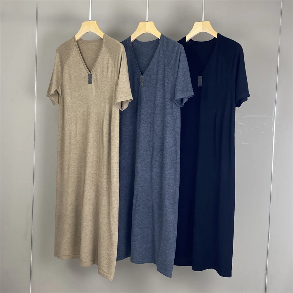 

Women's Short Sleeve Dress V-neck Beadinging Loose Med-length Straight Skirt