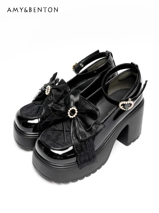 

Original Elegant Ballet Style Thick-Soled Lolita Leather Shoes Landmine Style Chunky Heel Shoes Bow Versatile Mary Jane Shoes