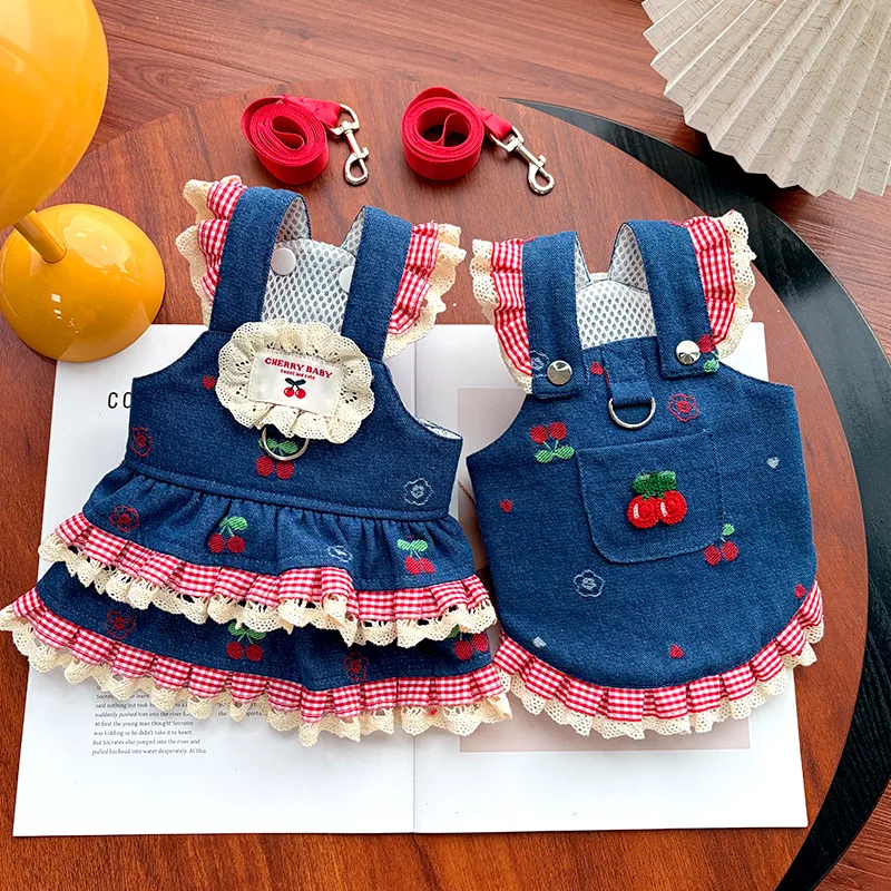 

Jeans Dog Dress Couple Clothing Dog Clothes For Small Dogs Chihuahua Flying Sleeve Strap Skirt Denim Girl Dog Dresses With Leash