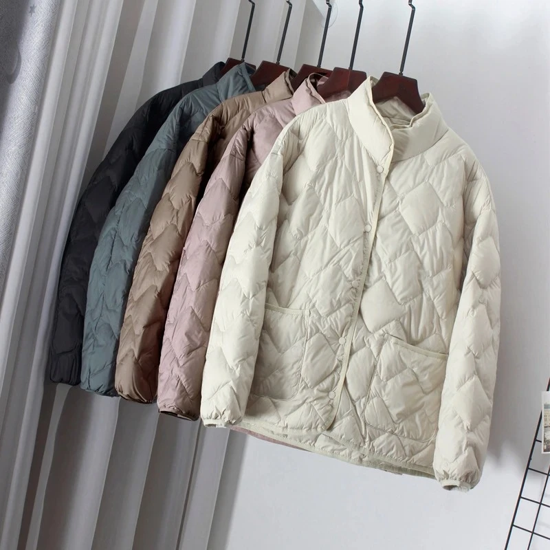 2026 High-Quality Fashion Autumn Winter Outwear Casual Argyle Stand Collar Simple Coat Women Ultralight White Duck Down Jacket