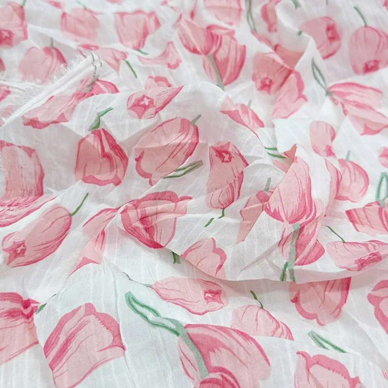 

Summer Thin Style Tulip Print Bubble Ruffles Stretch Poly Linen Fabric Womens Sweet Designer Blouse Dress Skirt Apparel Textile