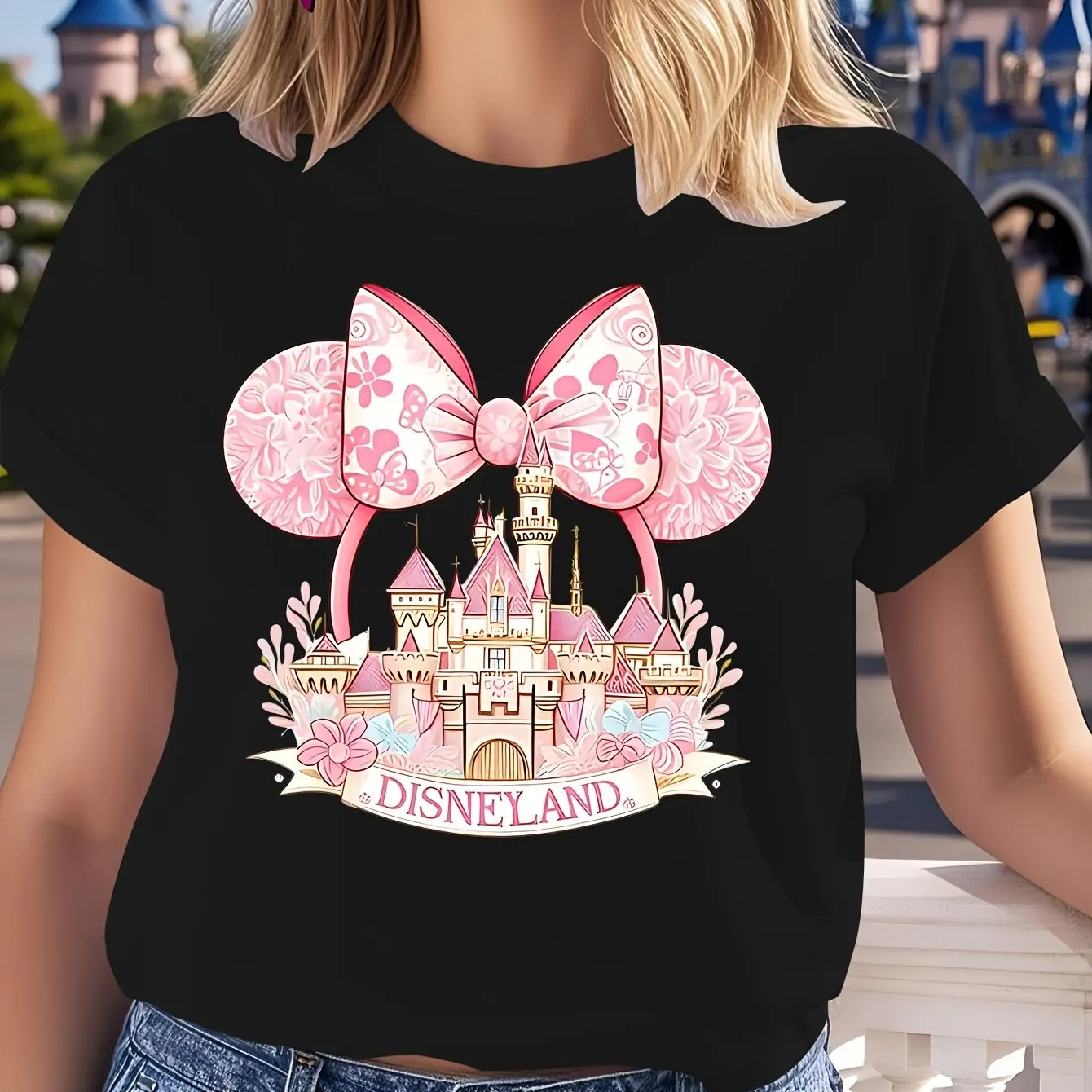 

Женская повседневная футболка Disney — розовый замок с Минни Маус, круглый вырез с принтом для просмотра мечтательных фейерверков, можно стирать в машине