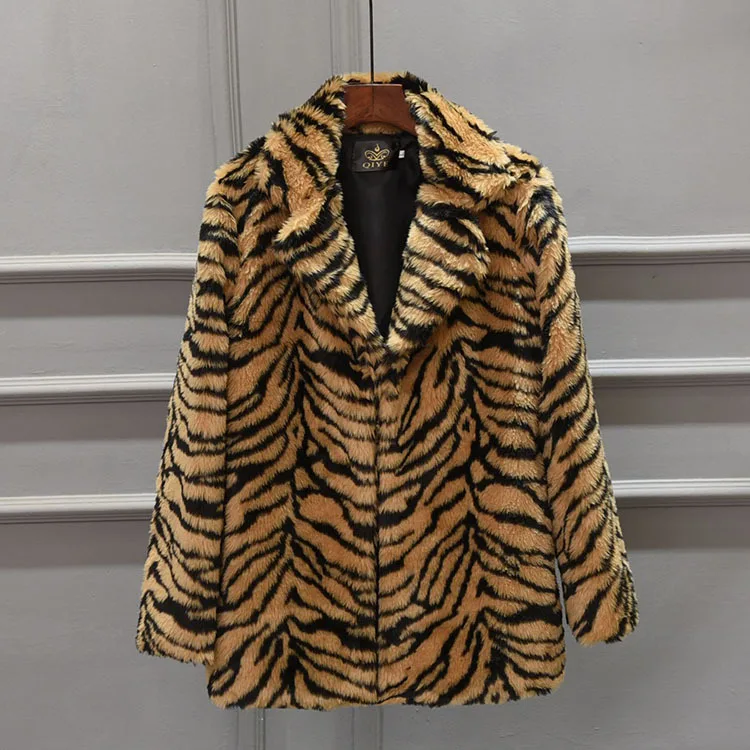 

2025 men's new imitation fur, medium and long, white tiger pattern casual lapel jacket