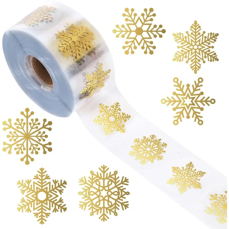 

1000Pcs Clear Christmas Stickers Roll Gold Foil Snowflake Stickers Xmas Winter Holiday Round Adhesive Label Stickers 6 Designs