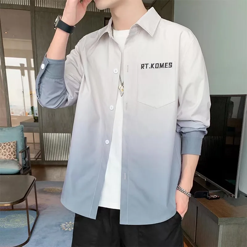 

Men's Pure Cotton Long Sve irt Spring Autumn Trend adient Color Outer Design Unique Top Japanese Sle Retro Collar