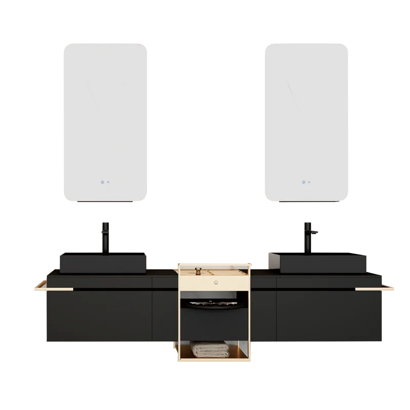 

new design luxury double sink floating black bathroom vanity cabinet with led mirror modern vanity lights for bathroom