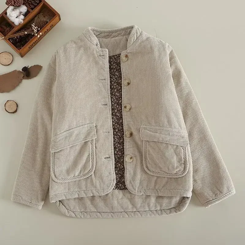 

Autumn Winter Corduroy Parka Women Trend Short Warm Coats Cotton Clothes Stand Collar Vintage Single Breasted Jacket Womens Coat