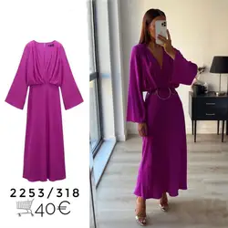 Long sleeve dress for women, solid color, mid-length skirt, European and American style